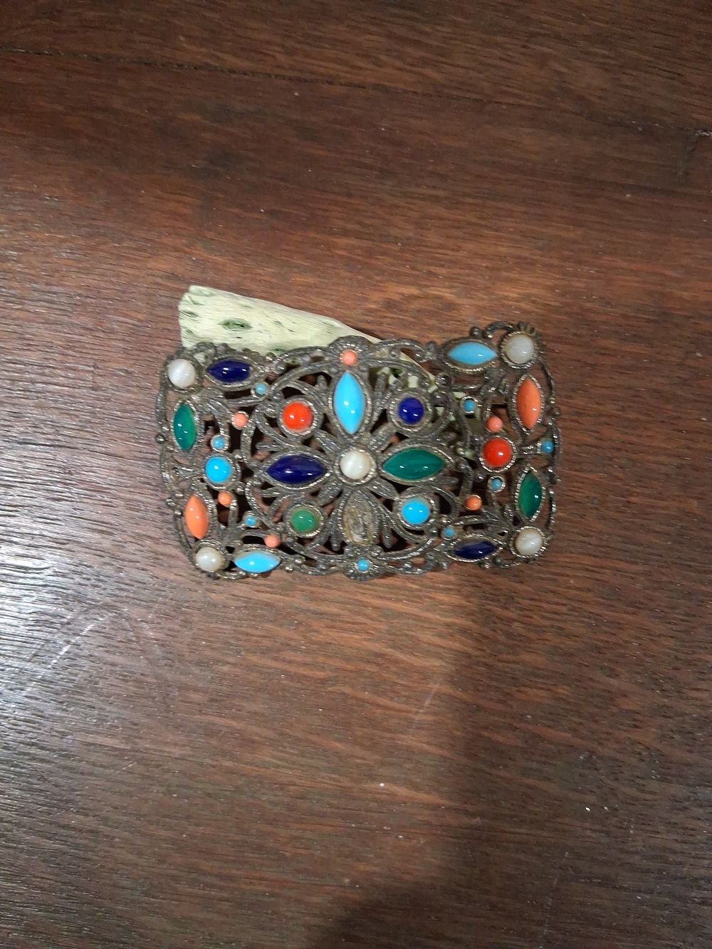 Colorful Multi-Stone Filigree Cuff Brooch - Vintage Style Missing A Stone